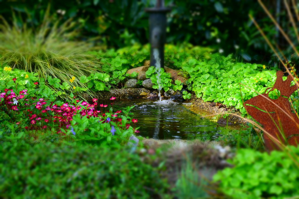 Une jolie fontaine entourée de verdure dans un jardin